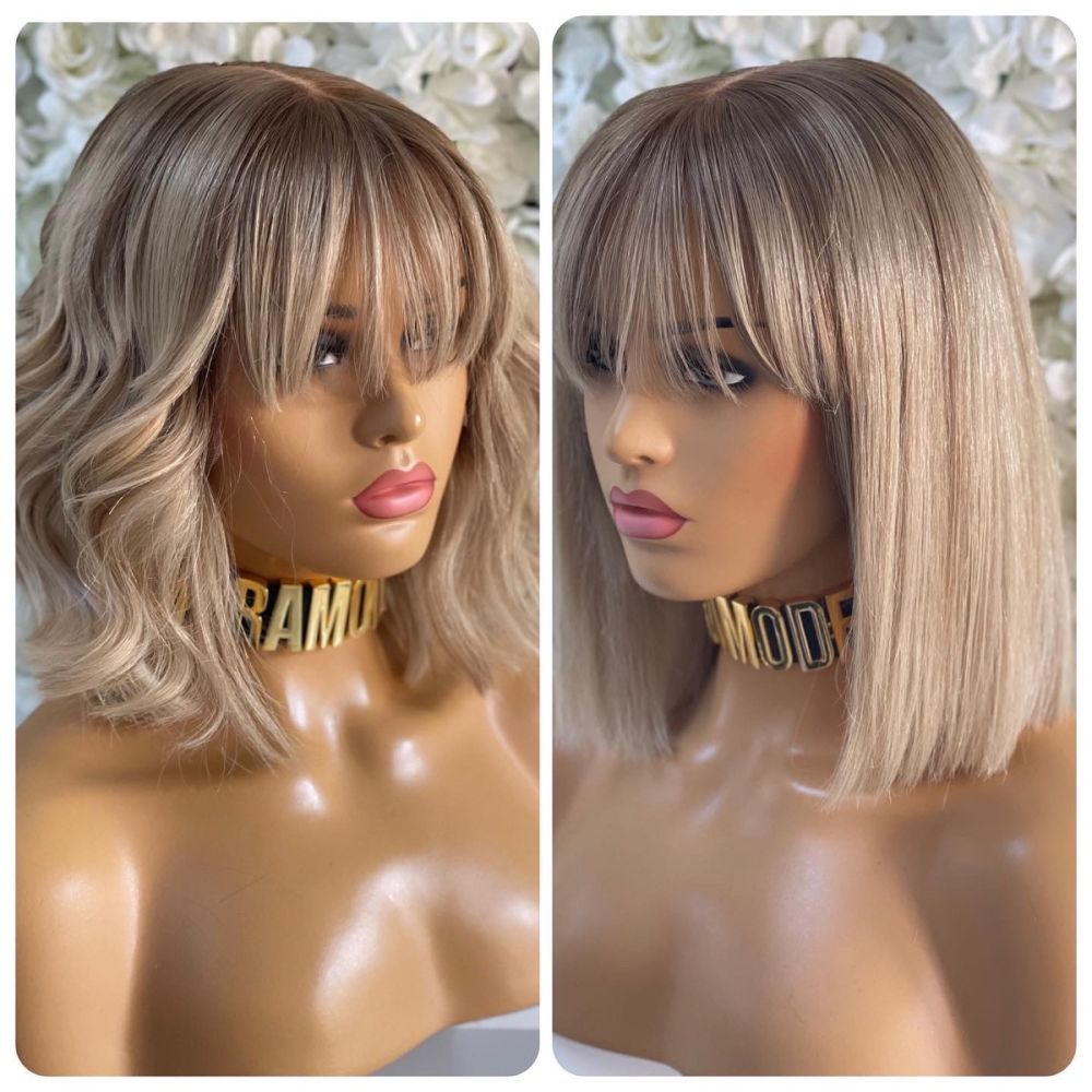 SOPHIE, BEACH BLONDE BOB CUT WITH GOLDEN BLONDE HIGHLIGHTS, CUSTOM DELUXE  LACE WIG