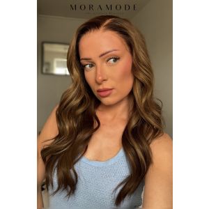 JEANNE, DARK BROWN LACE WIG WITH HIGHLIGHTS, DELUXE LACE WIG